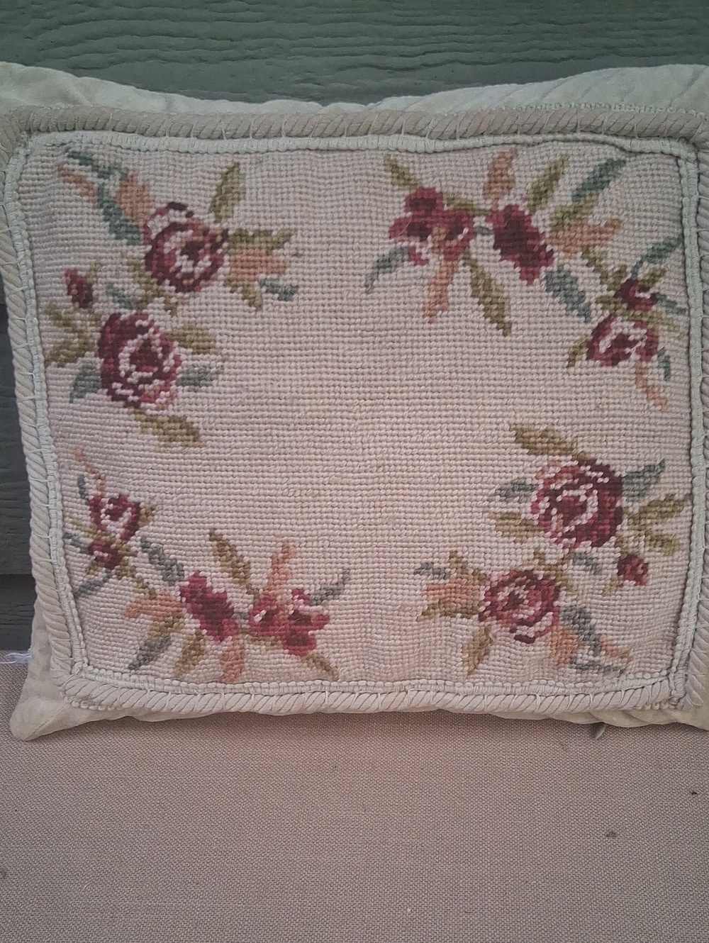 Vintage Petit Point Needlepoint Accent Pillow Shabby Chic Cottage Floral Roses